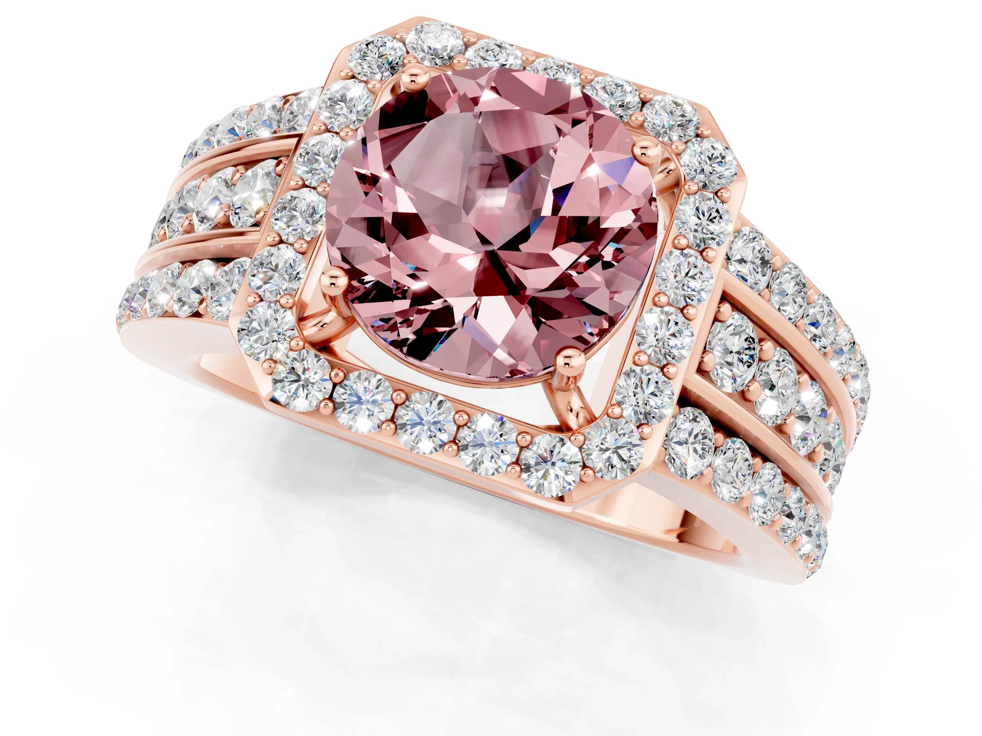 Rose gold Round Cut Halo Morganite Ring with Split Shank and Four-Prong Setting_1