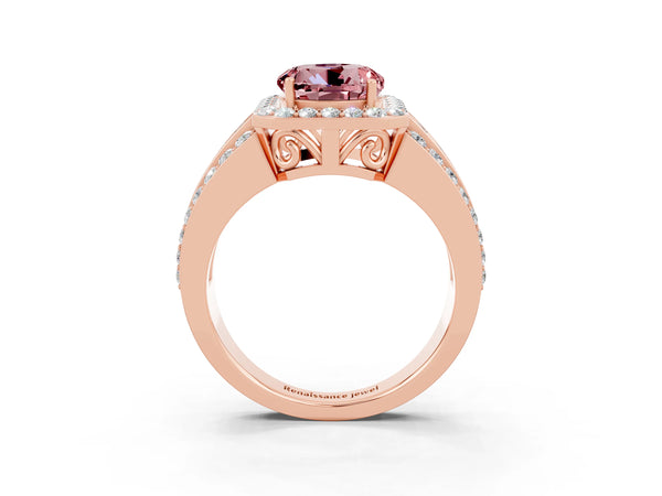 Rose gold Round Cut Halo Morganite Ring with Round  Split Shank and Prong Setting