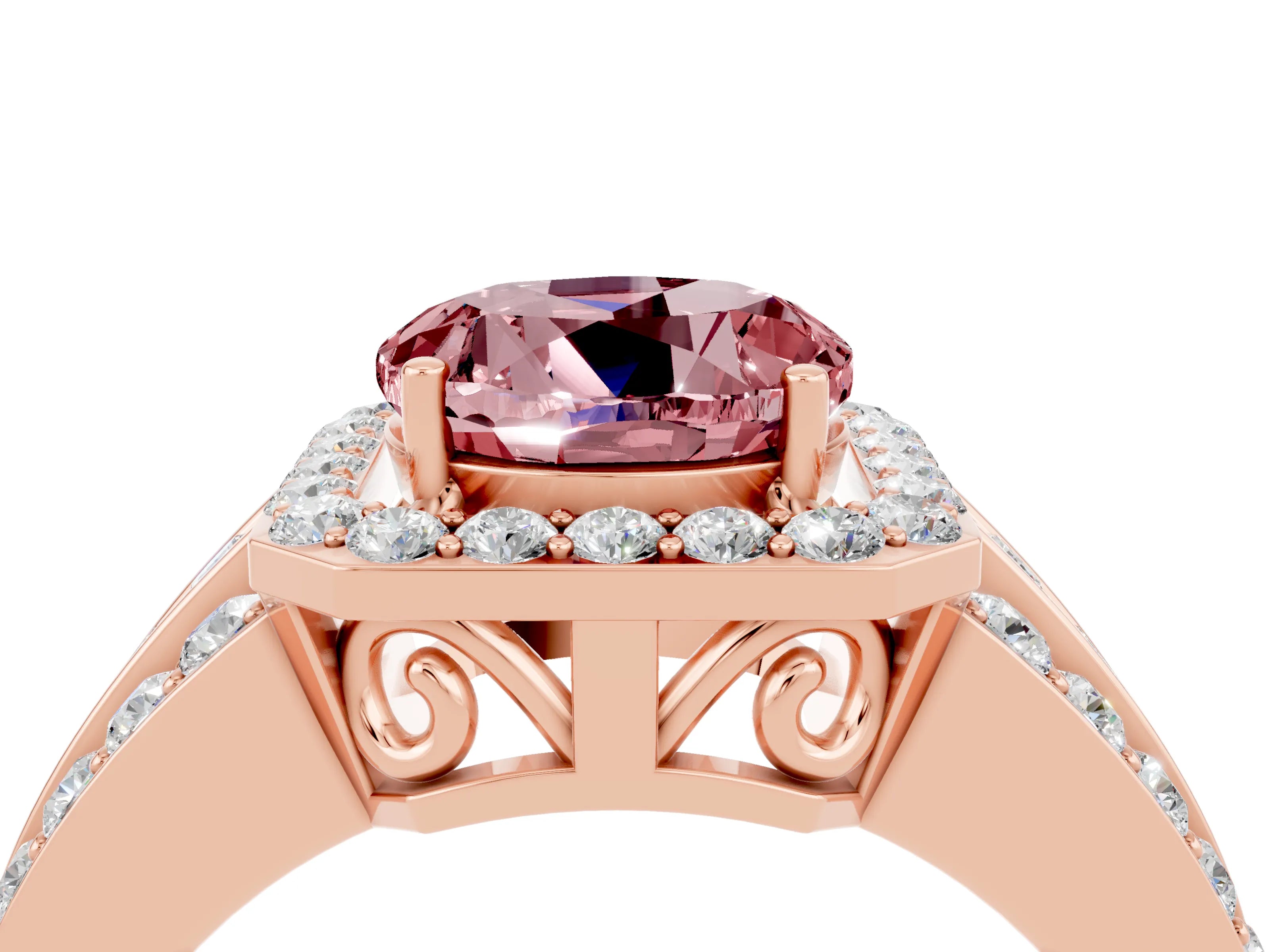 Rose gold Round Cut Halo Morganite Ring with Split Shank and Four-Prong Setting_4