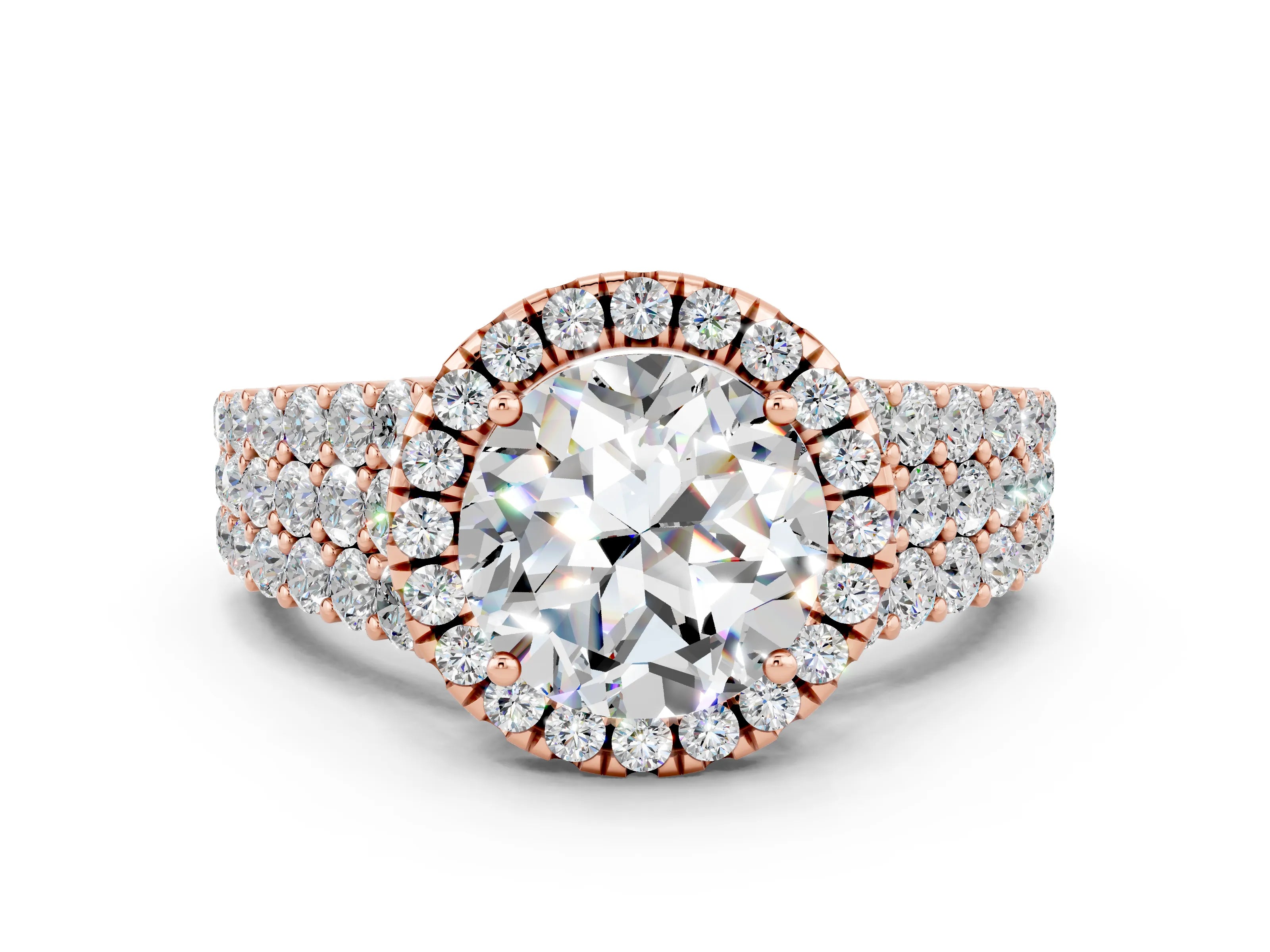 Rose gold Round Cut Halo Pavé Diamond Engagement Ring with Split Shank and Four-Prong Setting