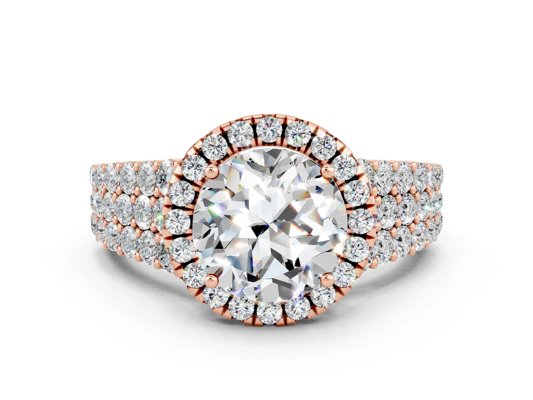 Rose gold Round Cut Halo Pavé Diamond Engagement Ring with Split Shank and Four-Prong Setting