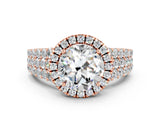Rose gold Round Cut Halo Pavé Diamond Engagement Ring with Split Shank and Four-Prong Setting