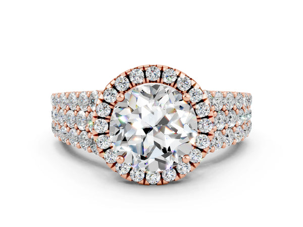 Rose gold Round Cut Moissanite Halo Engagement Ring with Triple Row Round Pavé Band and Prong Setting