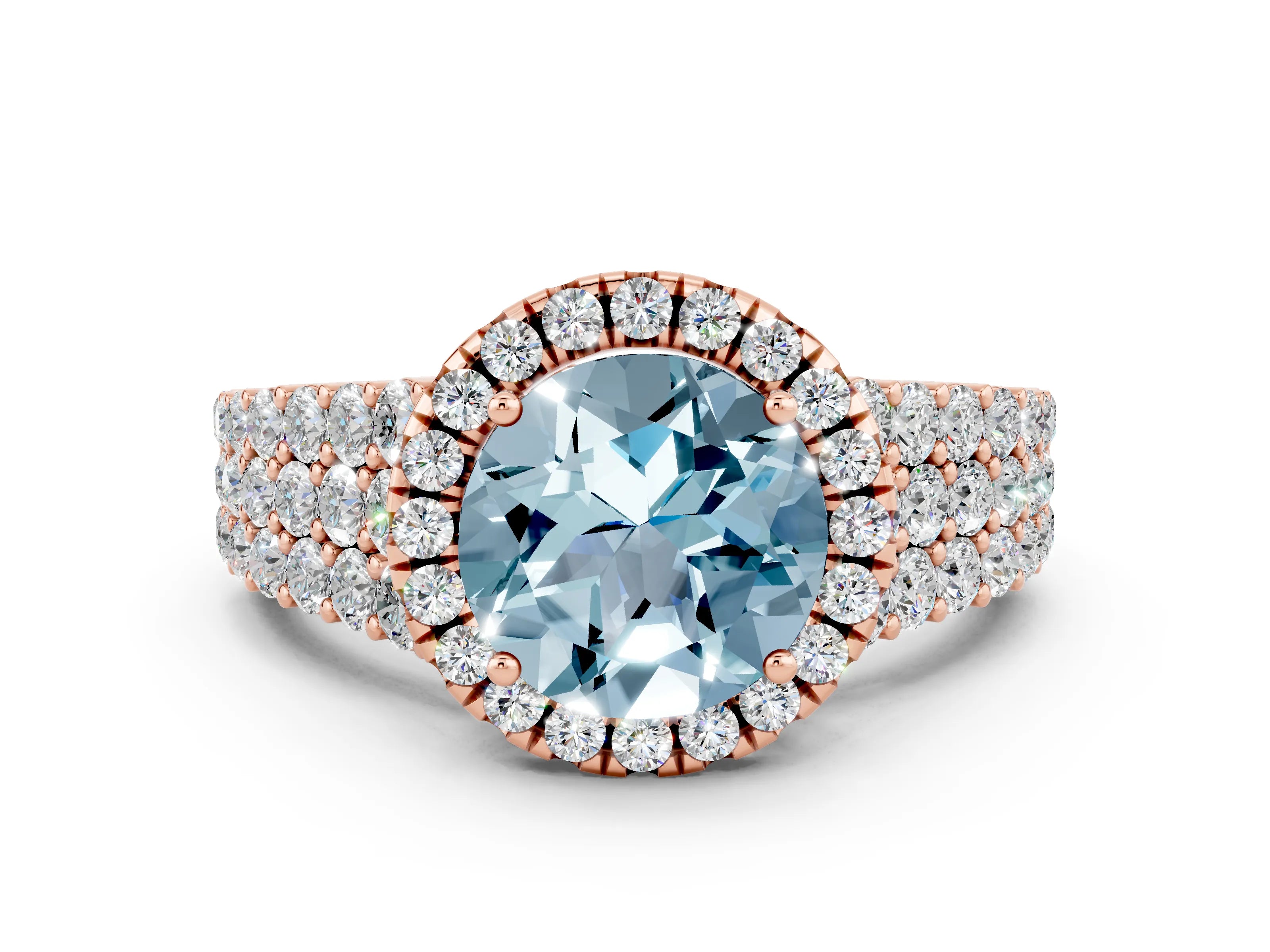 Rose gold Round Cut Halo Pavé Diamond Engagement Ring with Split Shank and Four-Prong Setting