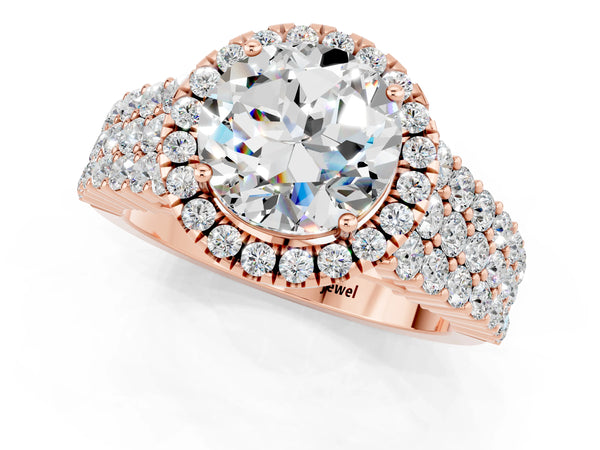 Rose gold Round Cut Moissanite Halo Engagement Ring with Triple Row Round Pavé Band and Prong Setting