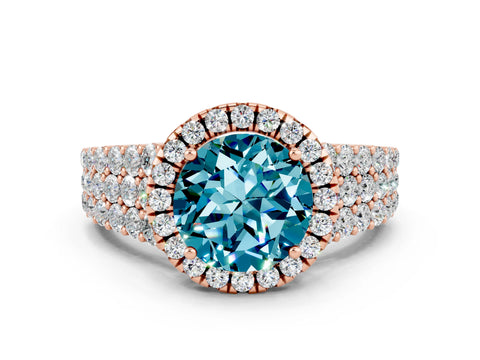 Rose gold Round Cut Halo Pavé Diamond Engagement Ring with Split Shank and Four-Prong Setting