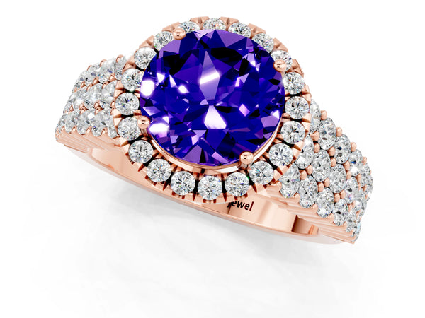 Rose gold Round Cut Tanzanite Halo Engagement Ring with Triple Row Round Pavé Band and Prong Setting
