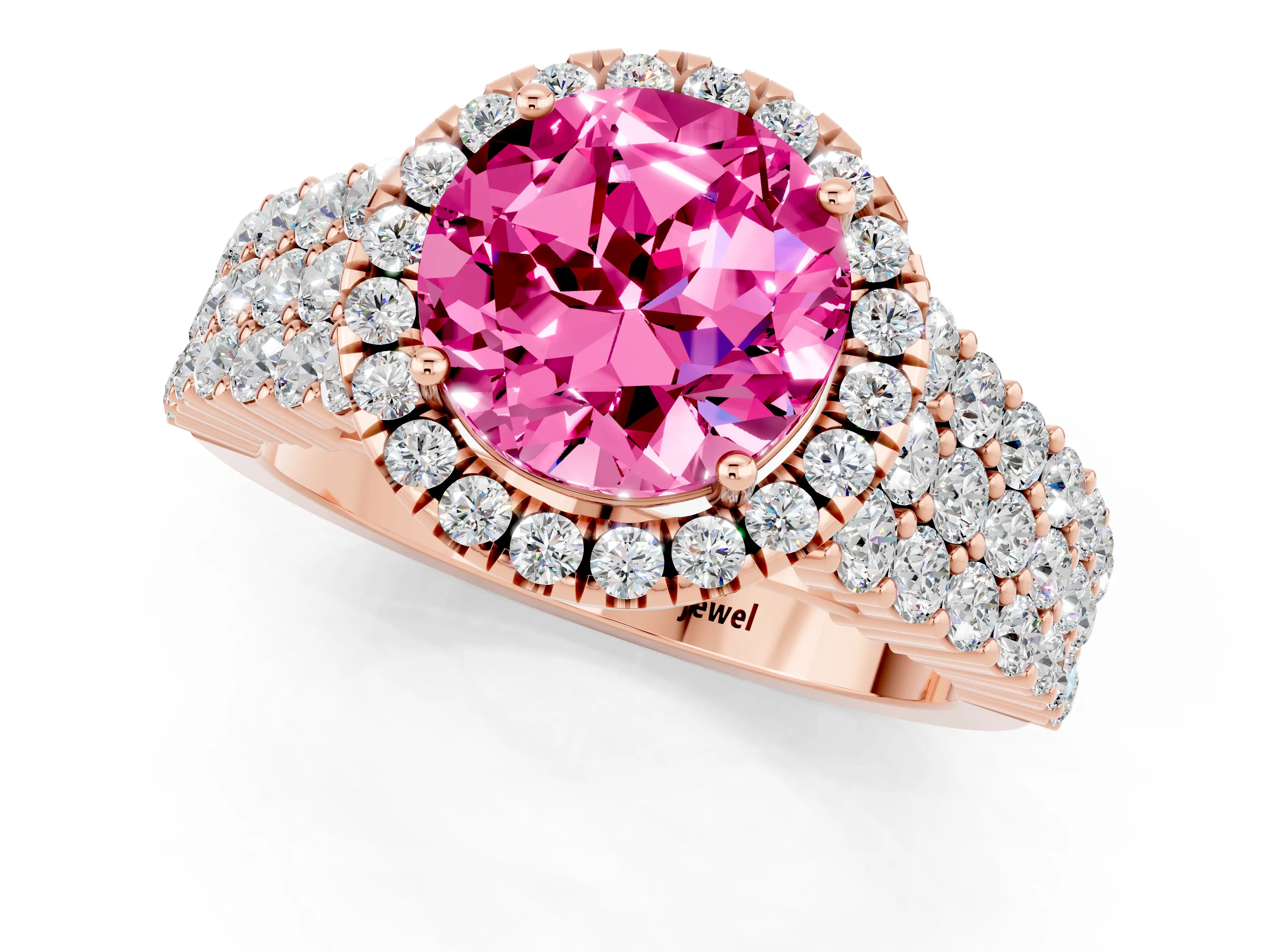 Rose gold Round Cut Halo Pavé Diamond Engagement Ring with Split Shank and Four-Prong Setting_1