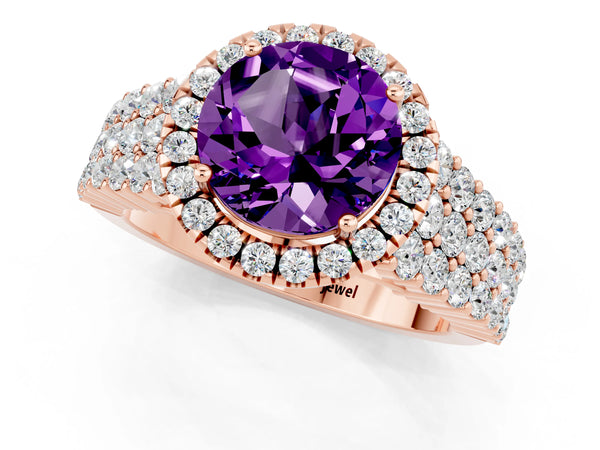 Rose gold Round Cut Amethyst Halo Engagement Ring with Triple Row Round Pavé Band and Prong Setting