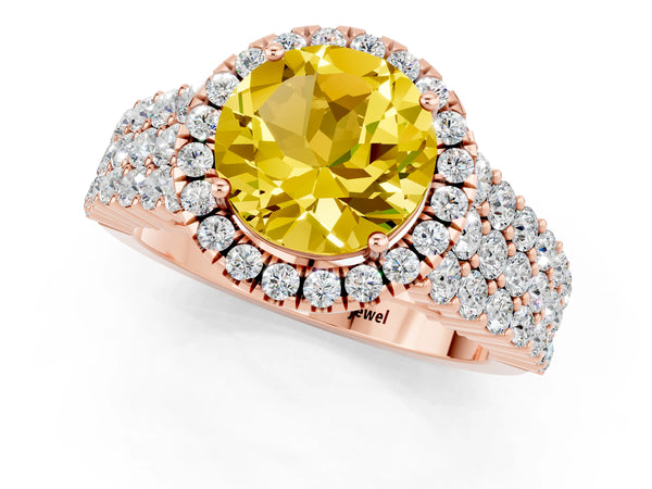 Rose gold Round Cut Yellow Sapphire Halo Engagement Ring with Triple Row Round Pavé Band and Prong Setting