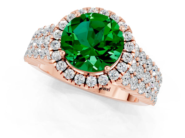 Rose gold Round Cut Emerald Halo Engagement Ring with Triple Row Round Pavé Band and Prong Setting