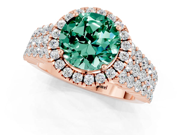 Rose gold Round Cut Green Sapphire Halo Engagement Ring with Triple Row Round Pavé Band and Prong Setting