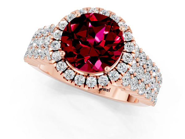 Rose gold Round Cut Garnet Halo Engagement Ring with Triple Row Round Pavé Band and Prong Setting