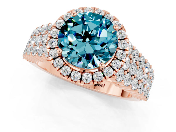 Rose gold Round Cut Halo Pavé Diamond Engagement Ring with Split Shank and Four-Prong Setting