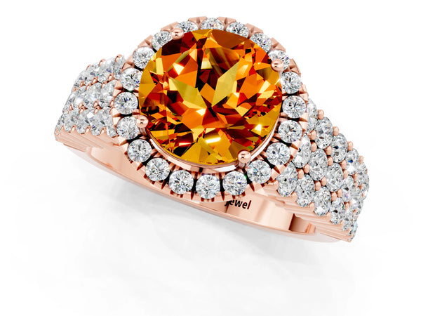 Rose gold Round Cut Citrine Halo Engagement Ring with Triple Row Round Pavé Band and Prong Setting