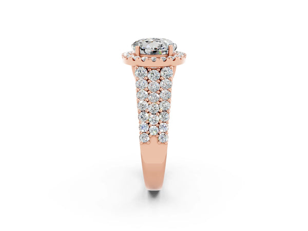 Rose gold Round Cut Moissanite Halo Engagement Ring with Triple Row Round Pavé Band and Prong Setting