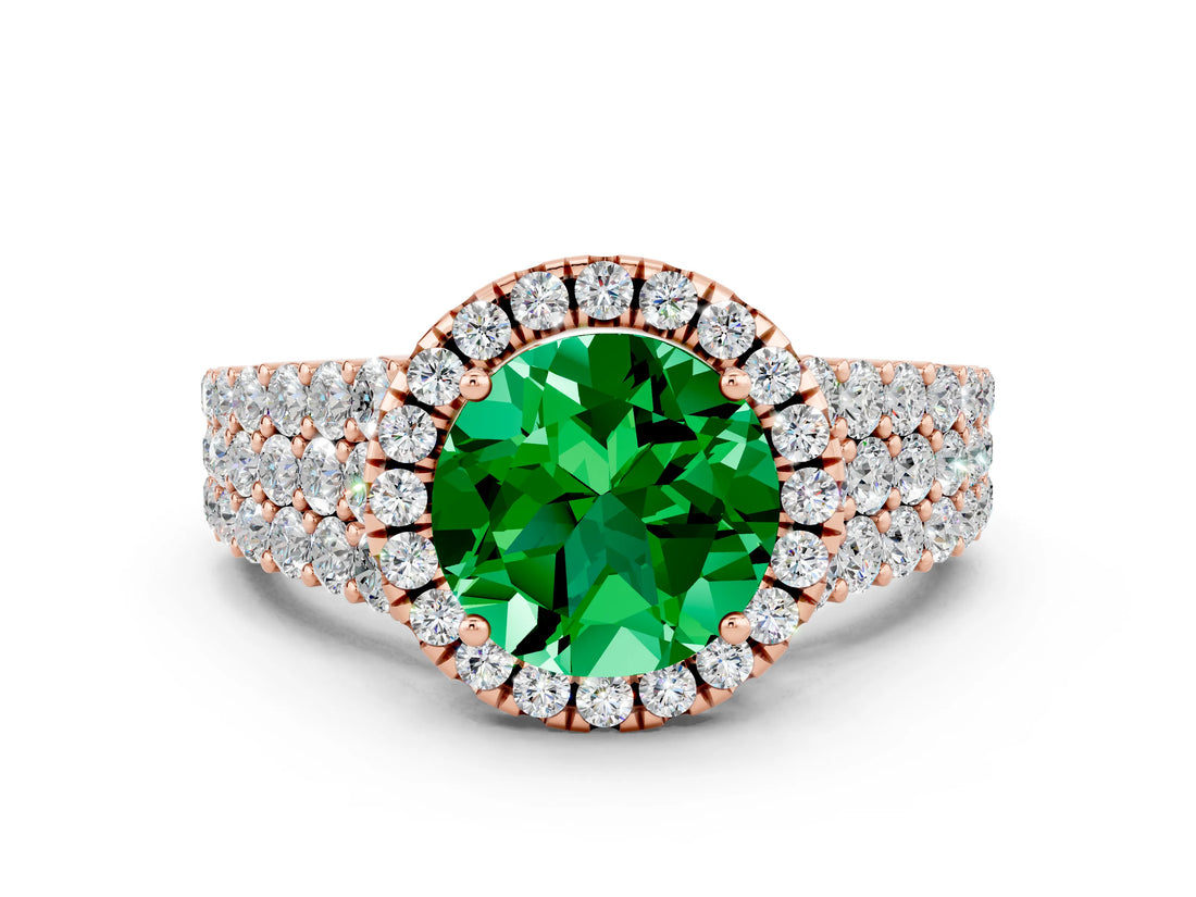 Rose gold Round Cut Halo Pavé Diamond Engagement Ring with Split Shank and Four-Prong Setting