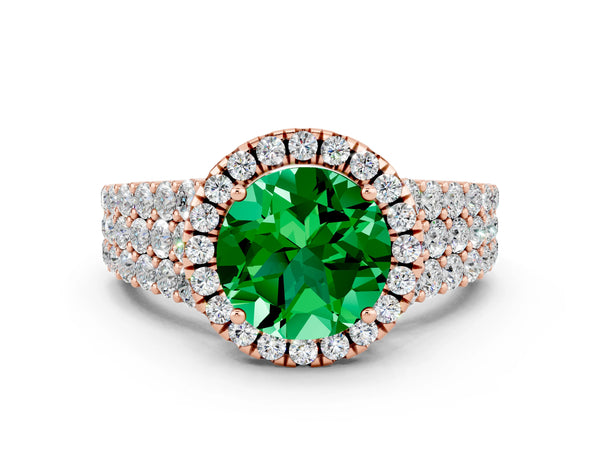 Rose gold Round Cut Emerald Halo Engagement Ring with Triple Row Round Pavé Band and Prong Setting