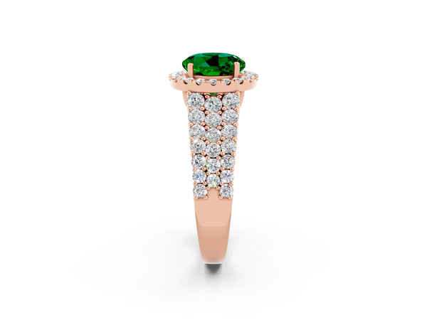 Rose gold Round Cut Emerald Halo Engagement Ring with Triple Row Round Pavé Band and Prong Setting