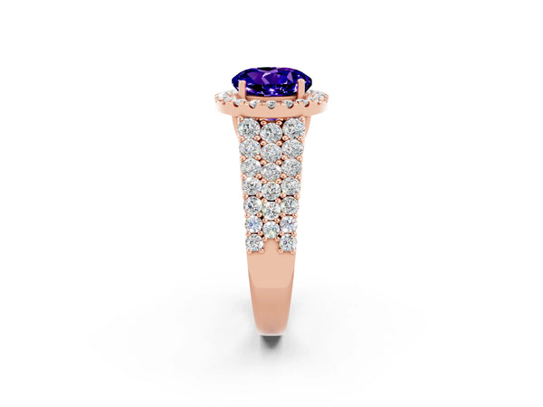 Rose gold Round Cut Tanzanite Halo Engagement Ring with Triple Row Round Pavé Band and Prong Setting