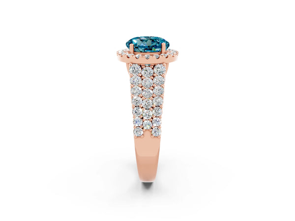 Rose gold Round Cut Halo Pavé Diamond Engagement Ring with Split Shank and Four-Prong Setting