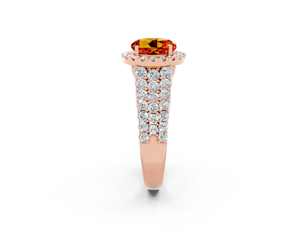 Rose gold Round Cut Citrine Halo Engagement Ring with Triple Row Round Pavé Band and Prong Setting