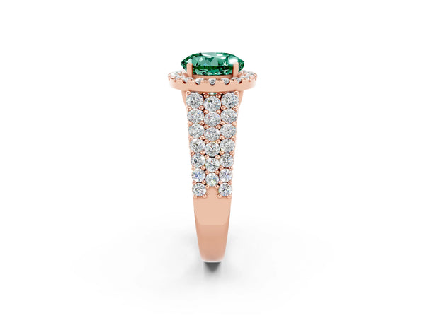 Rose gold Round Cut Green Sapphire Halo Engagement Ring with Triple Row Round Pavé Band and Prong Setting