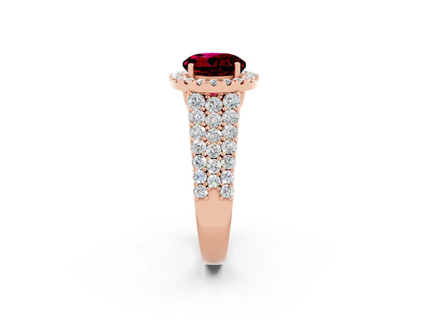 Rose gold Round Cut Garnet Halo Engagement Ring with Triple Row Round Pavé Band and Prong Setting