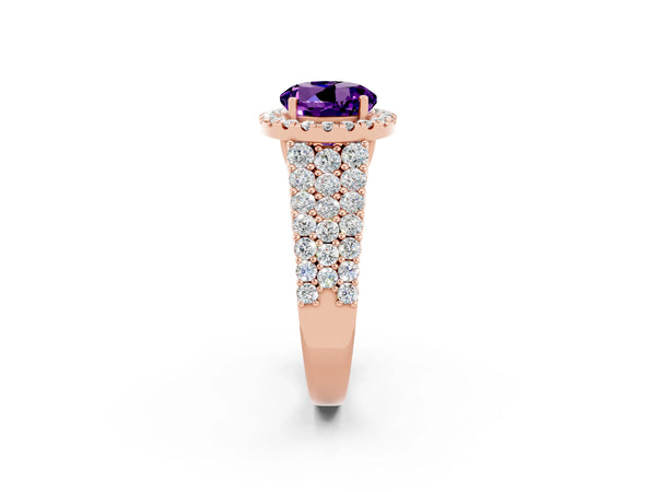 Rose gold Round Cut Amethyst Halo Engagement Ring with Triple Row Round Pavé Band and Prong Setting