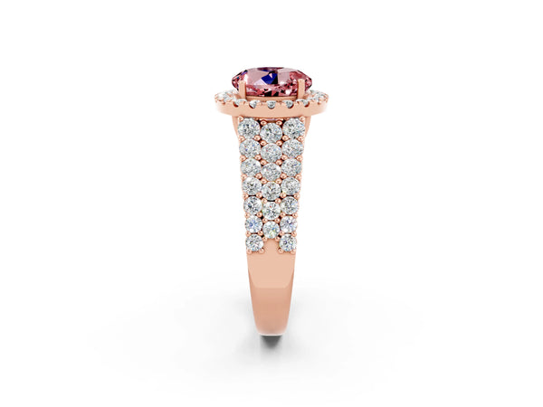 Rose gold Round Cut Halo Pavé Diamond Engagement Ring with Split Shank and Four-Prong Setting