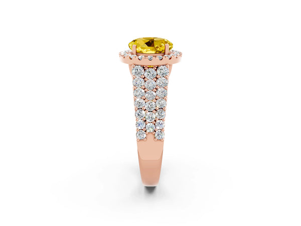 Rose gold Round Cut Yellow Sapphire Halo Engagement Ring with Triple Row Round Pavé Band and Prong Setting
