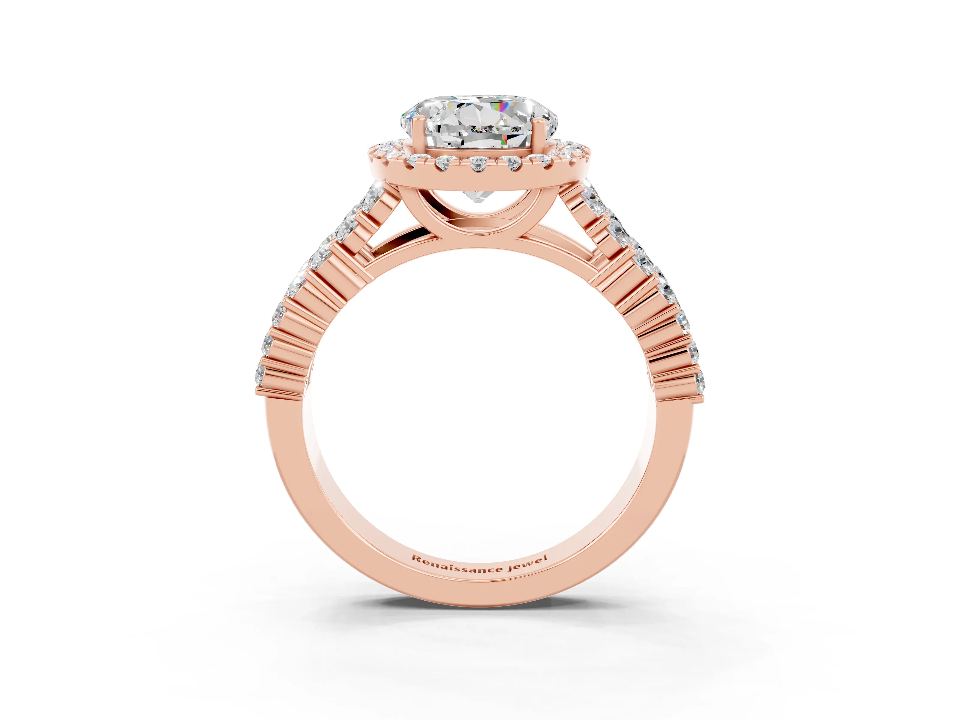 Rose gold Round Cut Halo Pavé Diamond Engagement Ring with Split Shank and Four-Prong Setting_3