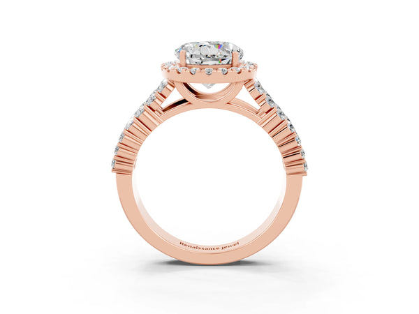 Rose gold Round Cut Moissanite Halo Engagement Ring with Triple Row Round Pavé Band and Prong Setting