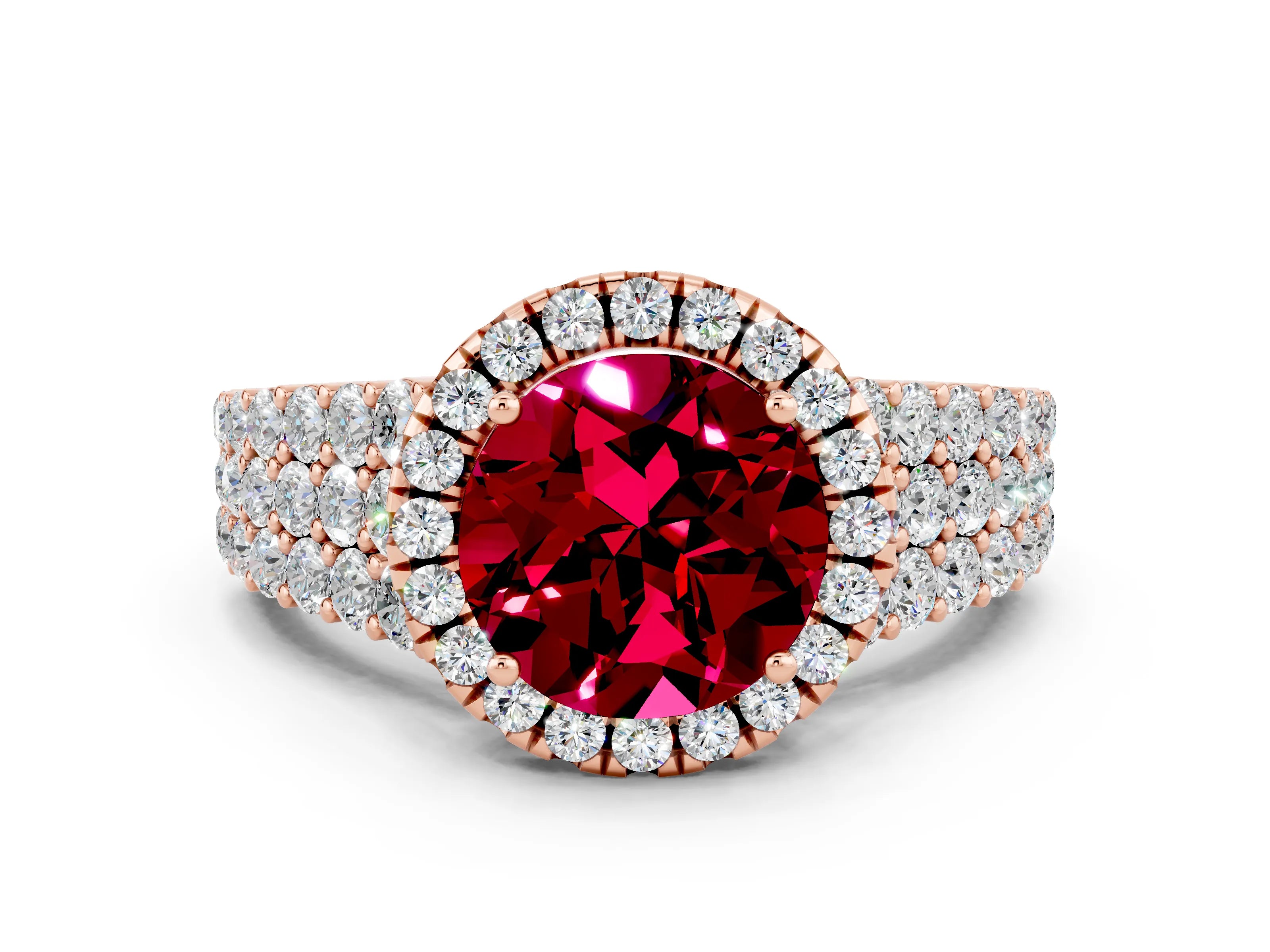 Rose gold Round Cut Halo Pavé Diamond Engagement Ring with Split Shank and Four-Prong Setting