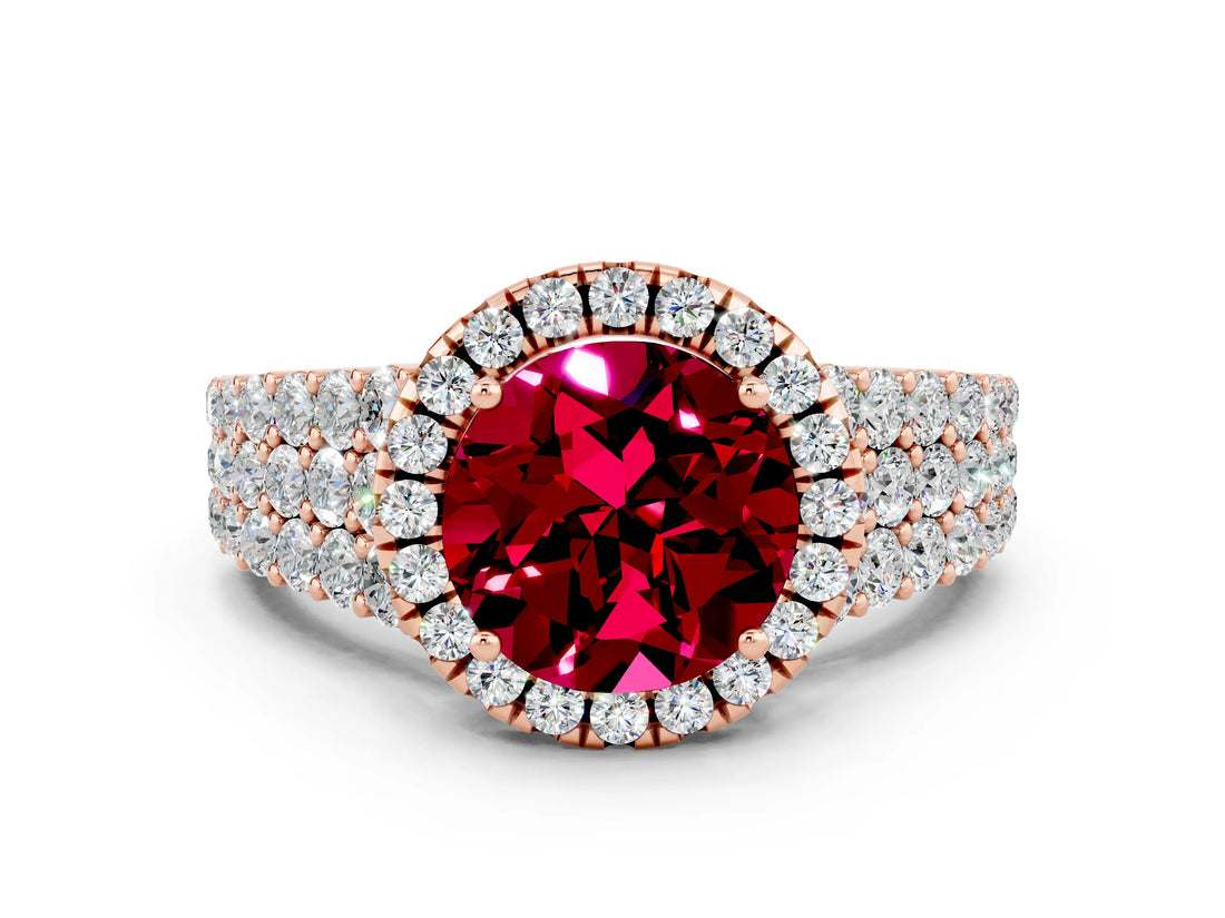 Rose gold Round Cut Halo Pavé Diamond Engagement Ring with Split Shank and Four-Prong Setting
