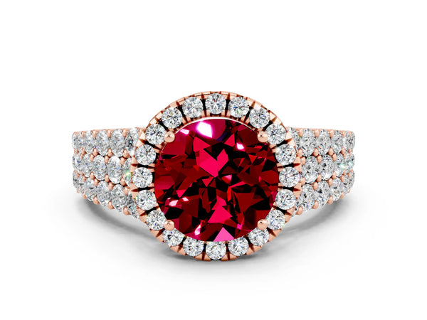 Rose gold Round Cut Garnet Halo Engagement Ring with Triple Row Round Pavé Band and Prong Setting