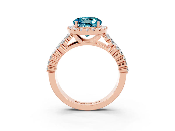 Rose gold Round Cut Halo Pavé Diamond Engagement Ring with Split Shank and Four-Prong Setting