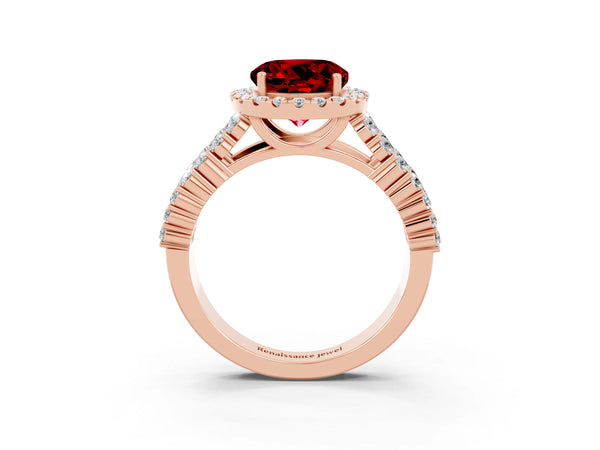 Rose gold Round Cut Halo Pavé Diamond Engagement Ring with Split Shank and Four-Prong Setting