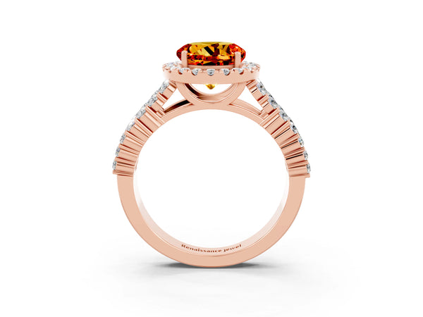 Rose gold Round Cut Citrine Halo Engagement Ring with Triple Row Round Pavé Band and Prong Setting
