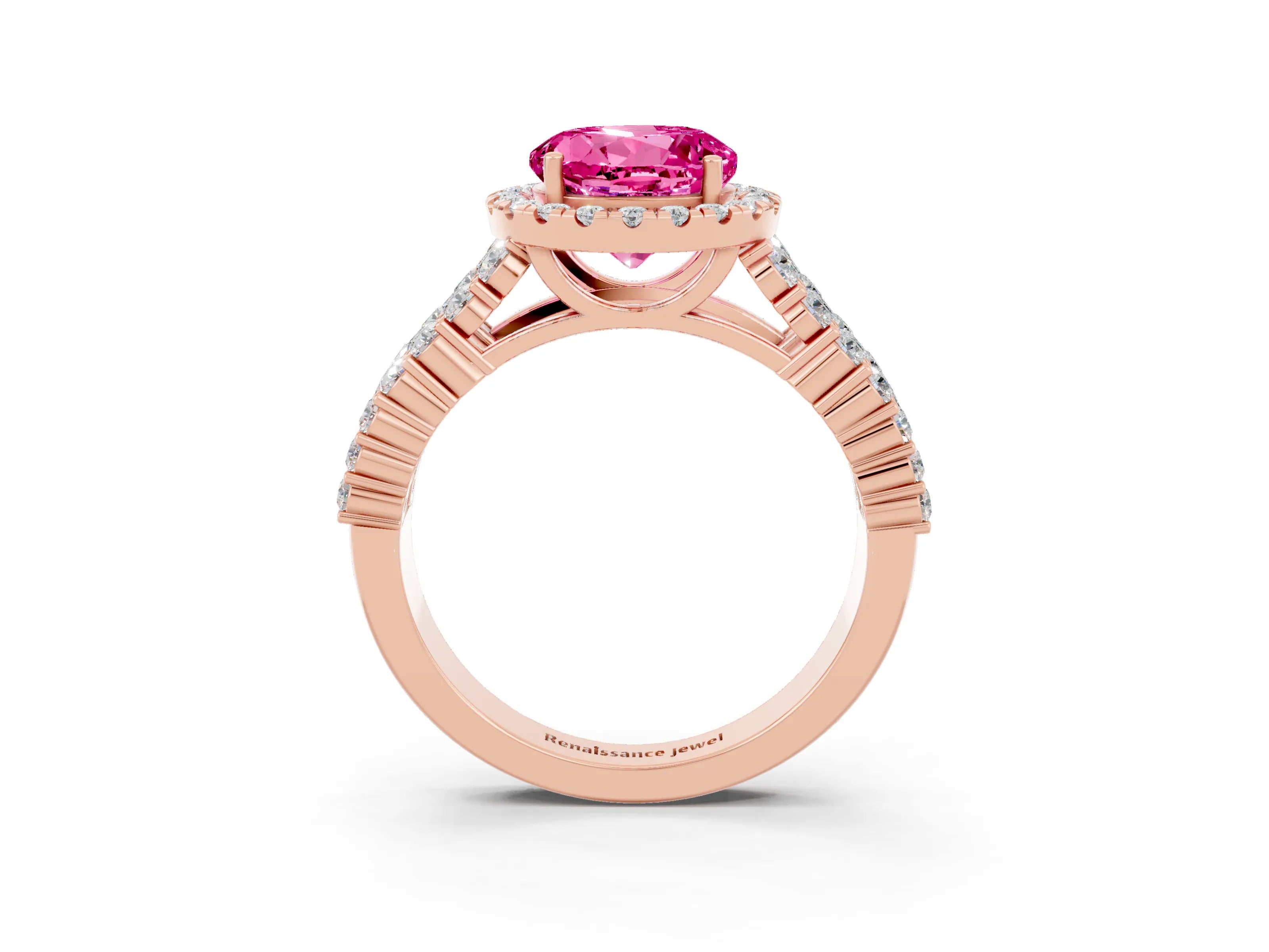 Rose gold Round Cut Halo Pavé Diamond Engagement Ring with Split Shank and Four-Prong Setting_3