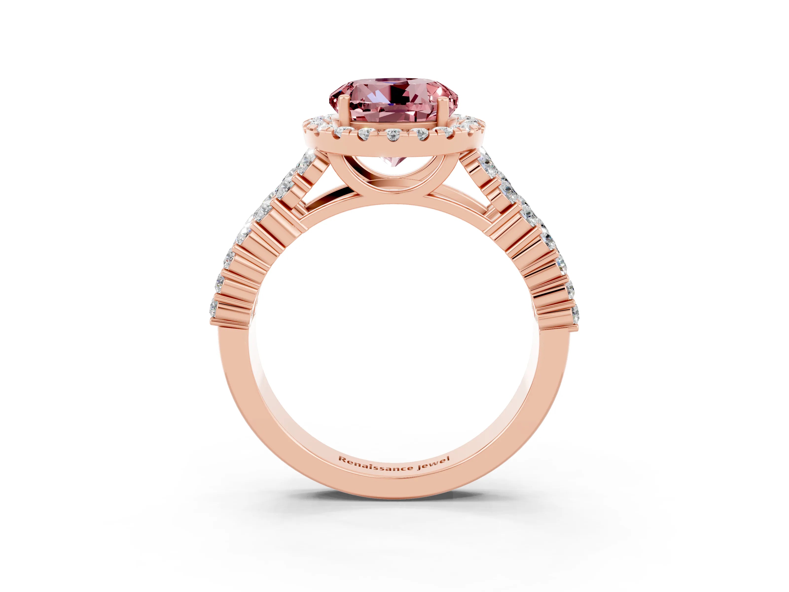 Rose gold Round Cut Halo Pavé Diamond Engagement Ring with Split Shank and Four-Prong Setting_3