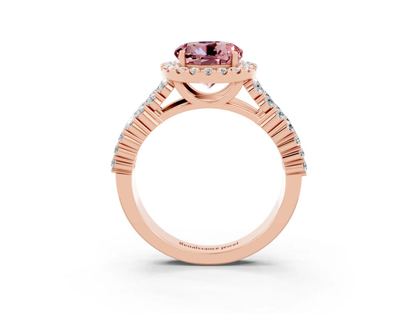 Rose gold Round Cut Halo Pavé Diamond Engagement Ring with Split Shank and Four-Prong Setting