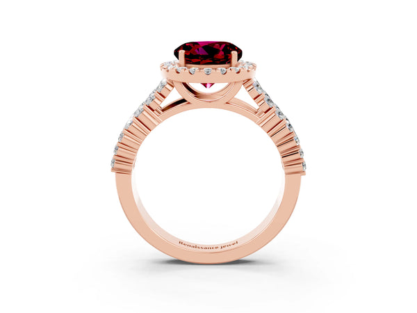 Rose gold Round Cut Garnet Halo Engagement Ring with Triple Row Round Pavé Band and Prong Setting
