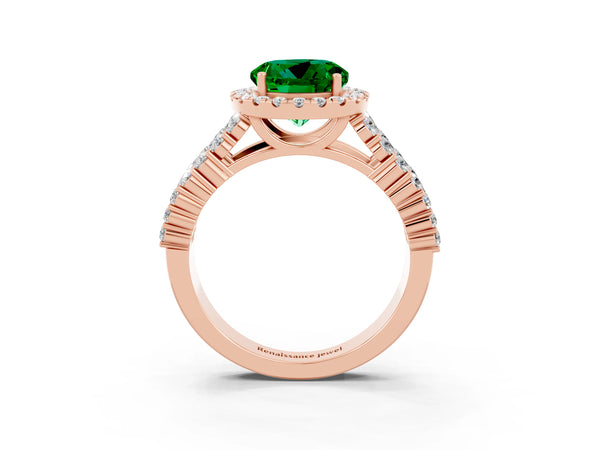 Rose gold Round Cut Emerald Halo Engagement Ring with Triple Row Round Pavé Band and Prong Setting