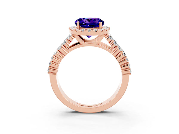 Rose gold Round Cut Tanzanite Halo Engagement Ring with Triple Row Round Pavé Band and Prong Setting