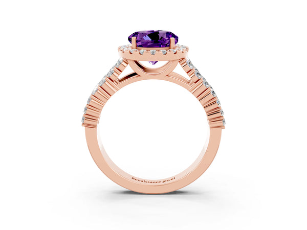 Rose gold Round Cut Amethyst Halo Engagement Ring with Triple Row Round Pavé Band and Prong Setting