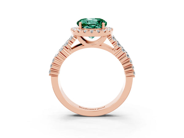 Rose gold Round Cut Green Sapphire Halo Engagement Ring with Triple Row Round Pavé Band and Prong Setting