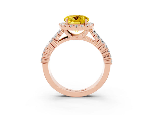 Rose gold Round Cut Yellow Sapphire Halo Engagement Ring with Triple Row Round Pavé Band and Prong Setting