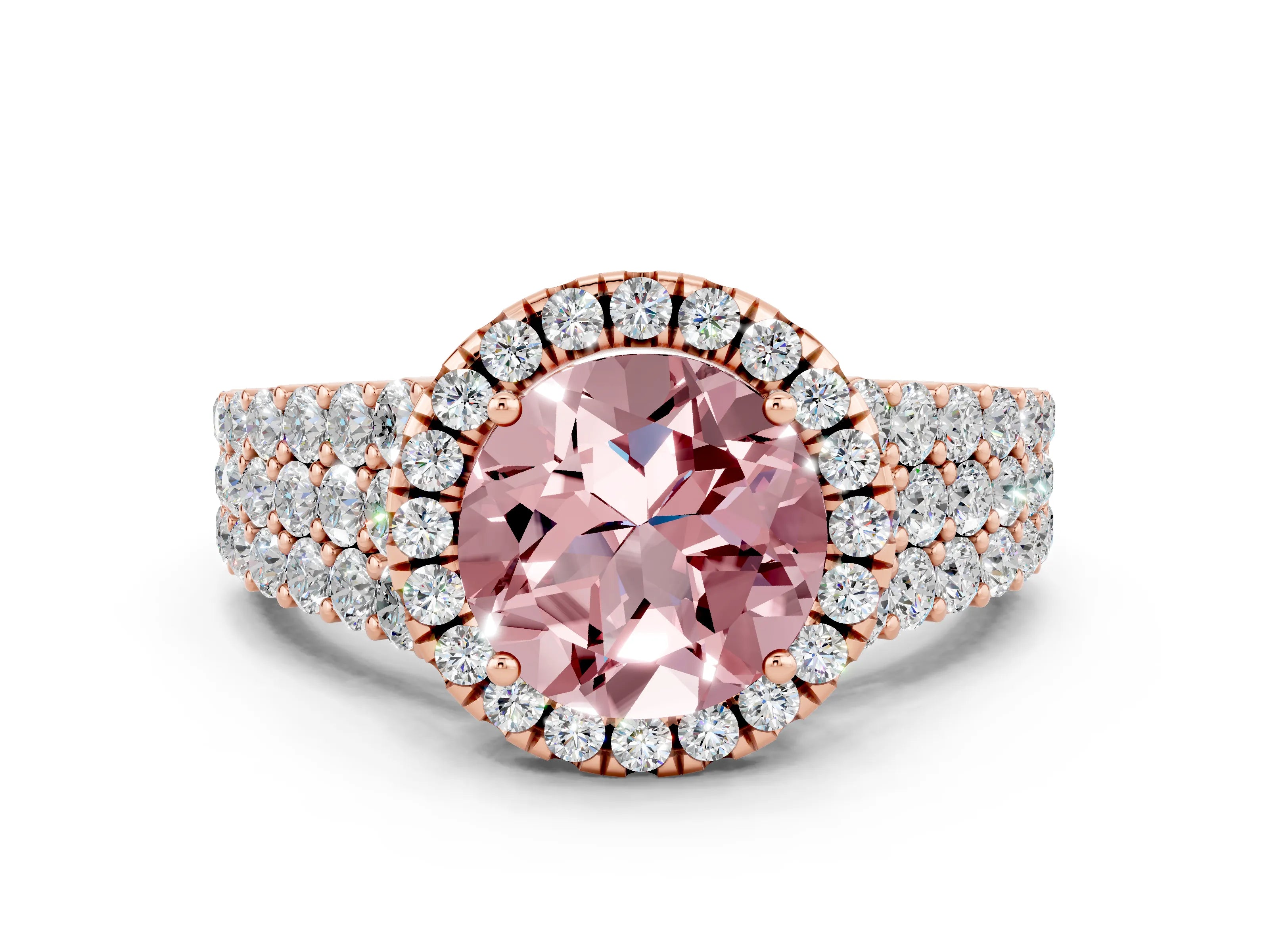 Rose gold Round Cut Halo Pavé Diamond Engagement Ring with Split Shank and Four-Prong Setting
