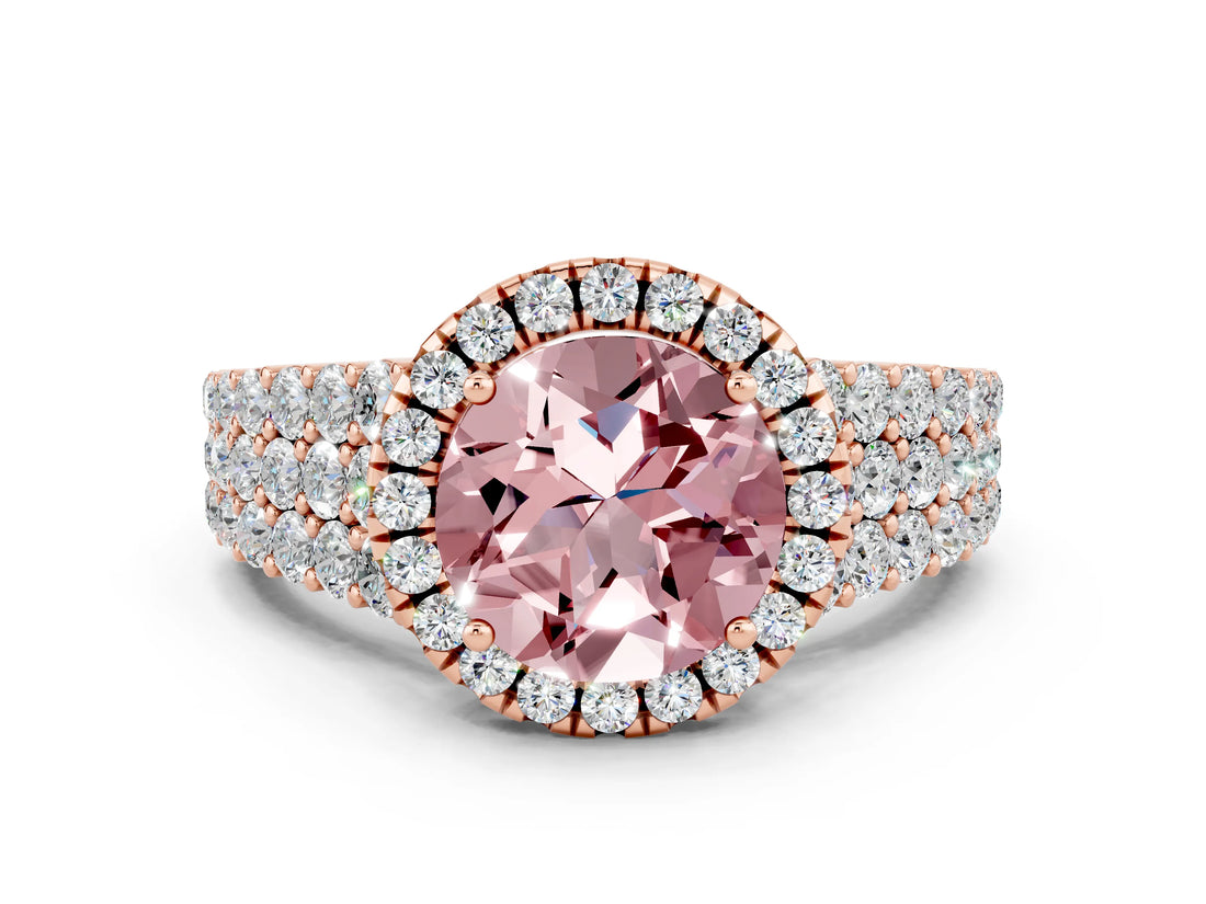 Rose gold Round Cut Halo Pavé Diamond Engagement Ring with Split Shank and Four-Prong Setting